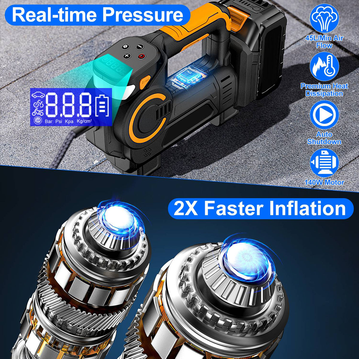 1Pc 140W 150PSI 21V Battery Powered Tire Inflator Cordless Air Inflator Digital Air Compressor With LED Light For Cars Motorcycles Bicycles Balls - image 6