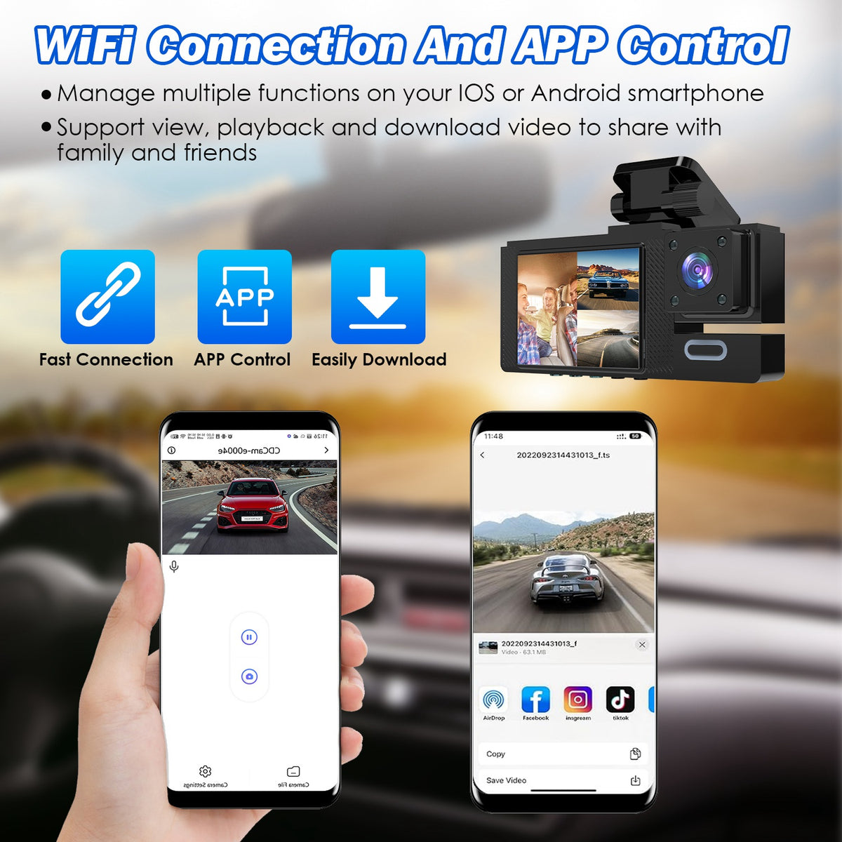 1Pc WiFi FHD 1080P Car Dash Cam 3 Channels Front Rear Inside Dash Camera With Loop Recording Reversing Image Night Vision 170 Degree Wide Angle Support 64G MMC Card Included - image 8