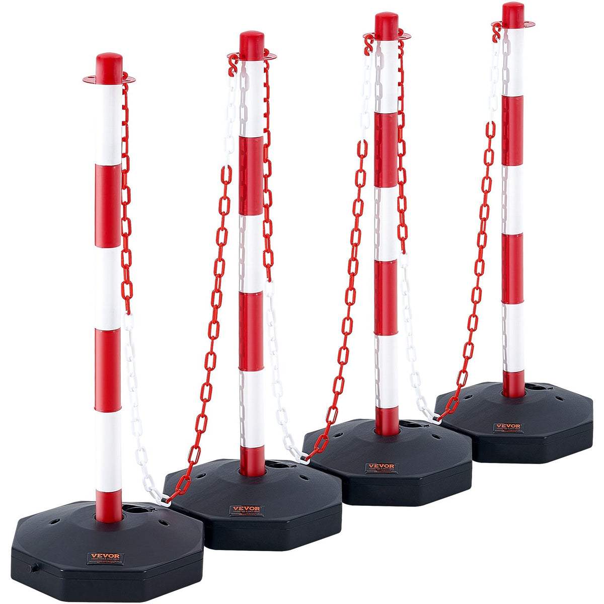 VEVOR Adjustable Traffic Delineator Post Cones, 4 Pack, Traffic Safety Delineator Barrier With Fillable Base 8FT Chain, For Traffic Control Warning Parking Lot Construction Caution Roads, Red & White - 4pcs