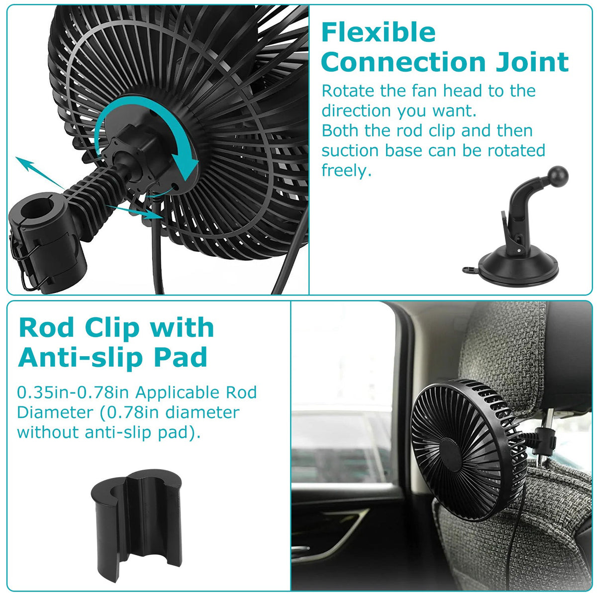 1Pc Car Cooling Fan Portable Rotatable USB Vehicle Fan Backseat Clip Fan Dashboard Window Suction Fan For SUV RV Pickup With 3 Speeds - image 3