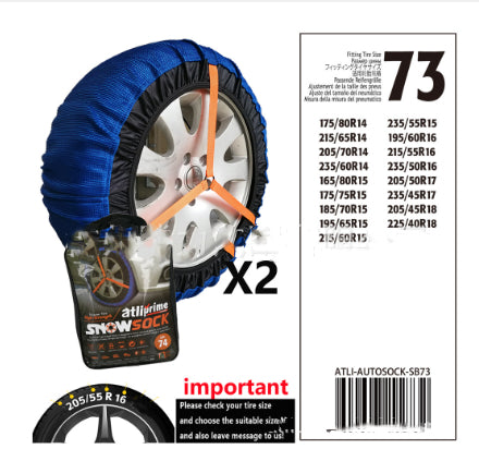 Textile snow sock for car tyres – size chart for size 73 with tyre list