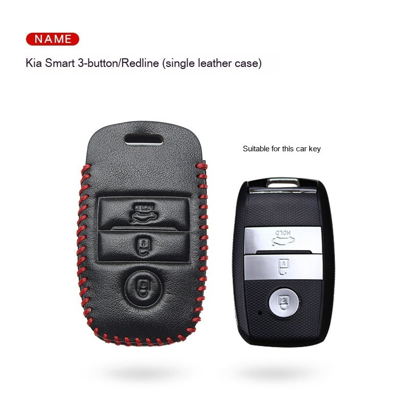 Key fob case for Kia smart & folding keys – genuine leather – supplier infographic showing redline stitched case with matching key shape