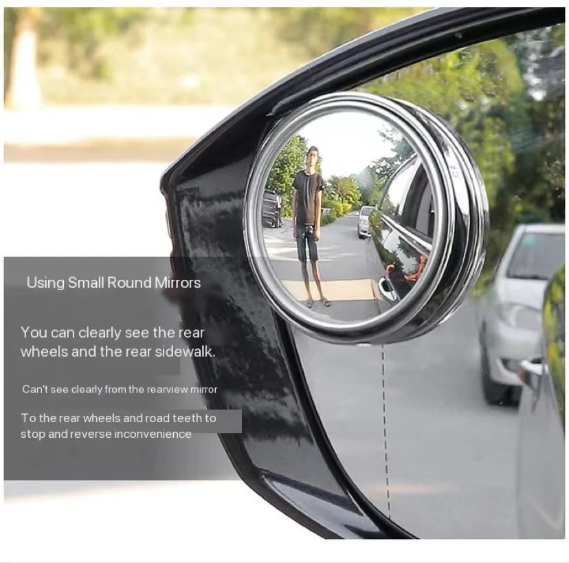 Adjustable blind spot mirrors, pair – supplier infographic showing rear wheel view using small round mirror