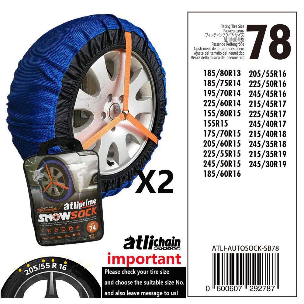 Textile snow sock for car tyres – size chart for size 78 with tyre list