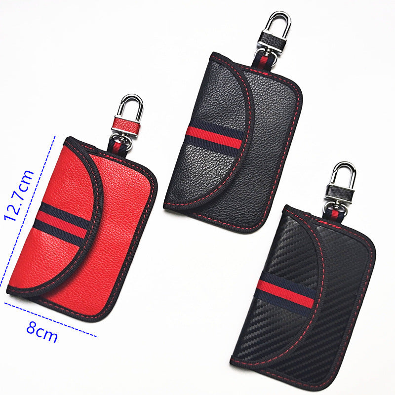 RFID signal-blocking car key case – leather or carbon-look – size chart with three colour variants