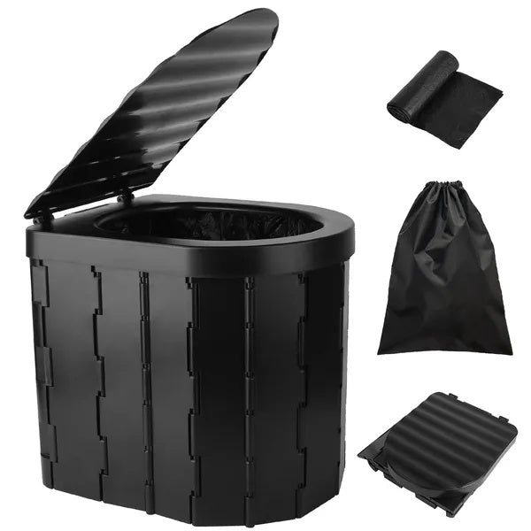 Foldable Emergency Toilet Portable Porta Potty For Car Travel Camping Boating Hiking Cleanable Travel Commode With Lid Carry Bag 1 Roll Garbage Bags - Black