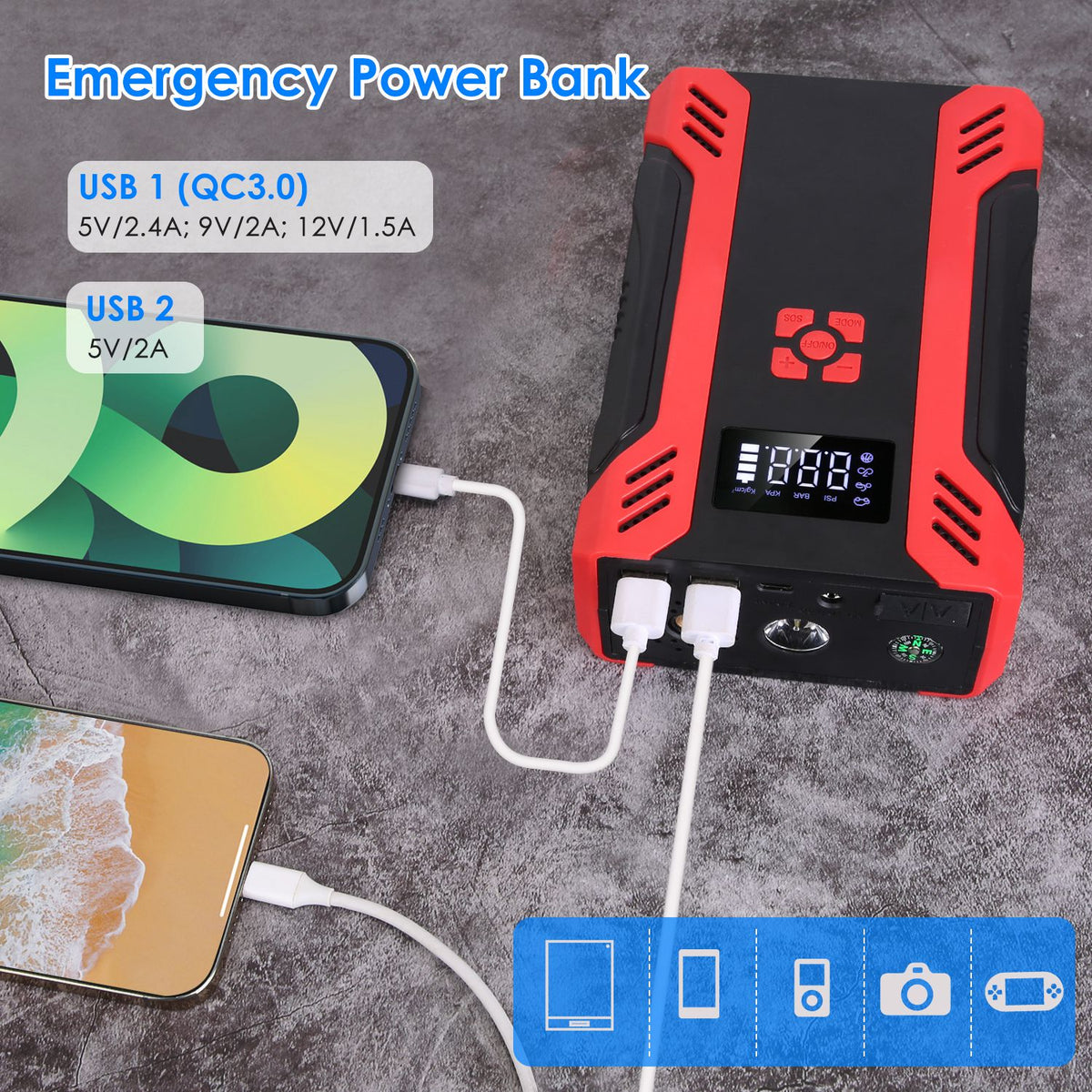 1Pc Car Jump Starter With Air Compressor Portable Car Battery Booster With Digital Tire Inflator With 2000mAh Peak Current For 12V Car 6.5L Gas Or 4.0L Diesel Engines - image 4
