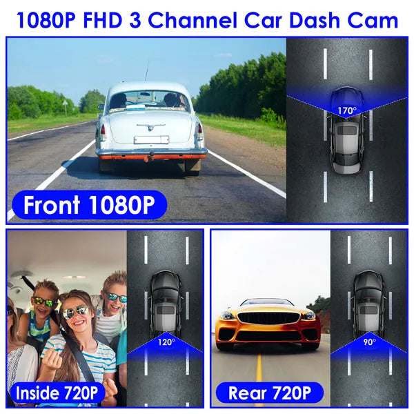WiFi FHD 1080P Car Dash Cam 3 Channels Front Rear Inside Dash Camera With Loop Recording Reversing Visual 170° Wide Angle 64G Card Included - image 2
