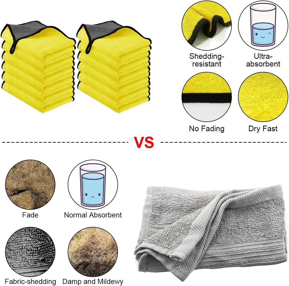 12PCS Car Cleaning Towels Drying Wash Cloth Microfibre Super Absorbent Polishing - 12pcs
