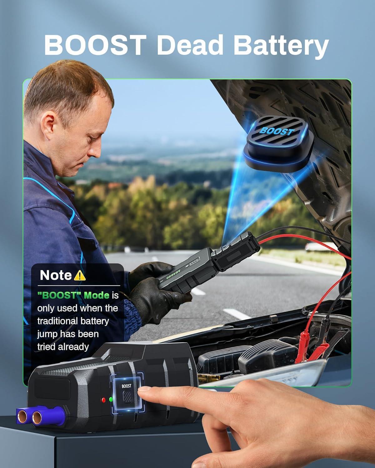 4000A Emergency Starting Power Supply 12V Portable Car Battery Jump Starter With 18W Fast Charge For 10L Gasoline And 8L Diesel Engines With LED Light Jump Starter Cable And EVA Storage Box - image 7