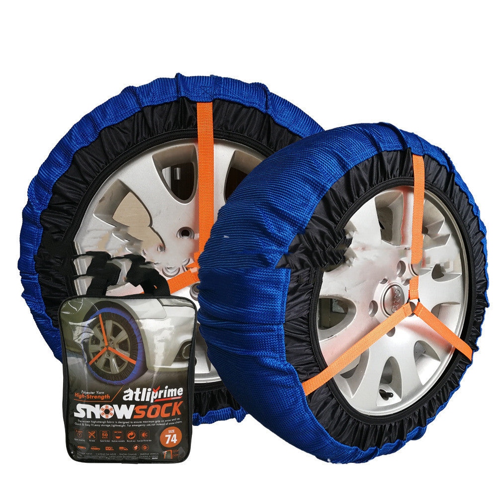 Textile snow sock for car tyres – pair of fitted socks with packaging