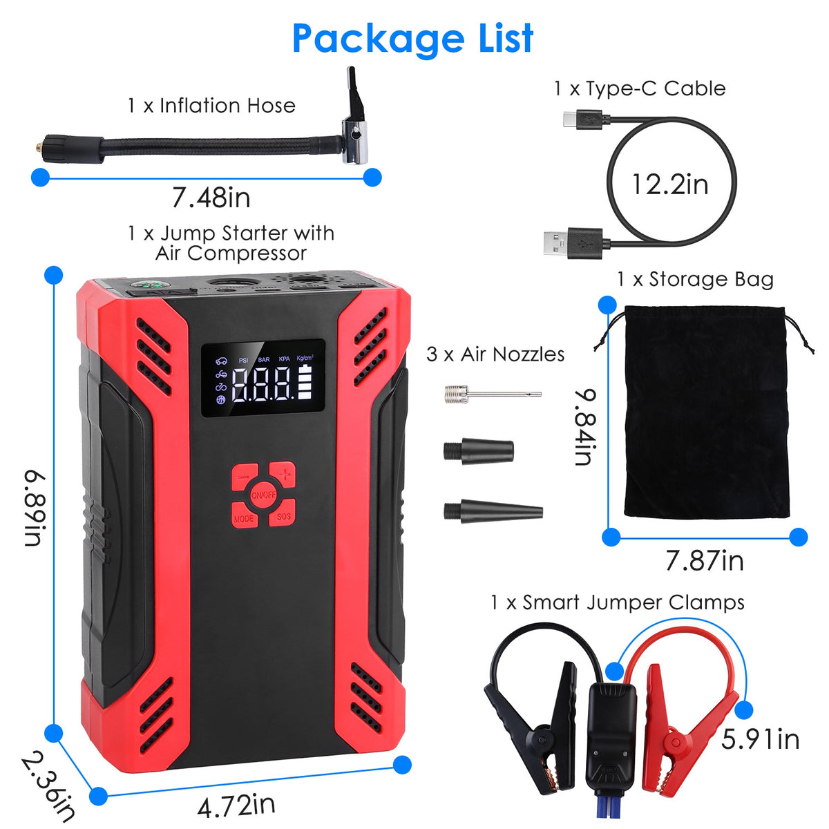 1Pc Car Jump Starter With Air Compressor Portable Car Battery Booster With Digital Tire Inflator With 2000mAh Peak Current For 12V Car 6.5L Gas Or 4.0L Diesel Engines - image 6