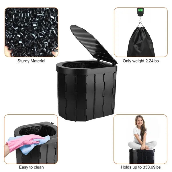 Foldable Emergency Toilet Portable Porta Potty For Car Travel Camping Boating Hiking Cleanable Travel Commode With Lid Carry Bag 1 Roll Garbage Bags - image 2