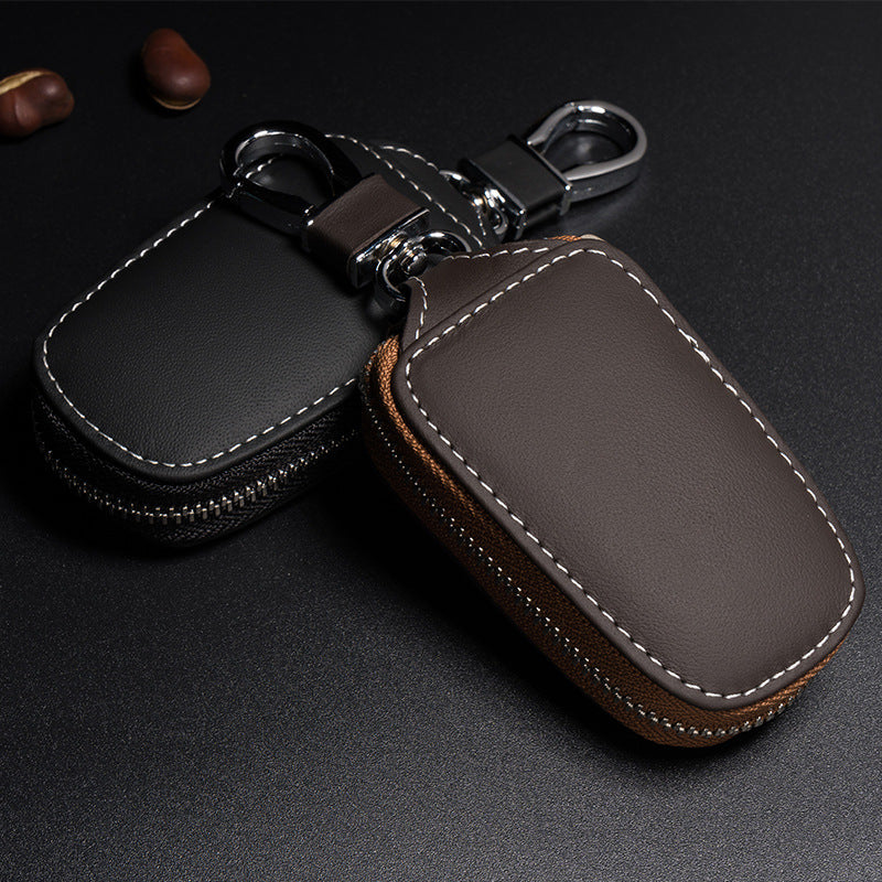 Cowhide leather zip cover for smart car keys – black and brown pouches stacked together with clips