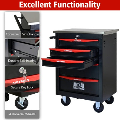 5 Drawers Multifunctional Tool Cart With Wheels,Metal Rolling Tool Cart Storage For Garage Workshop Warehouse Repair Shop--With Stainless Steel Roof- BLACK RED - image 9