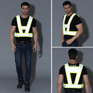 V-shaped reflective safety vest – worn by man shown from three angles