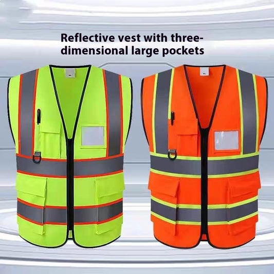 Hi-vis multi-pocket reflective safety vest – green and orange vests shown side by side