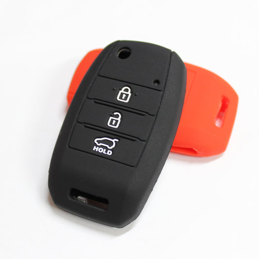 Key fob cover for Kia & Hyundai 3-button folding keys – silicone – black cover fitted on key with orange cover underneath
