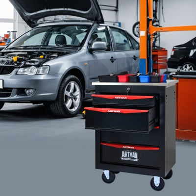 4 Drawers Multifunctional Tool Cart With Wheels,Metal Rolling Tool Cart Storage For Garage Workshop Warehouse Repair Shop--With Stainless Steel Roof- BLACK RED