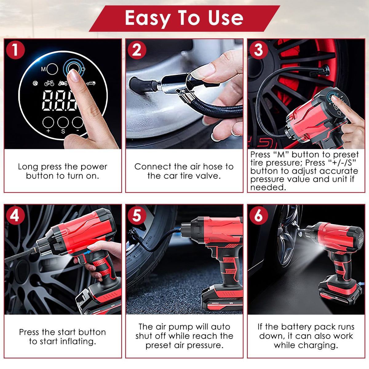 1Pc 150PSI Cordless Car Tire Inflator Rechargeable 2V Portable Electric Air Compressor With LED Light For Car Bike Motorcycle Ball - image 6