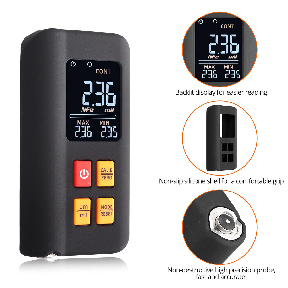 LCD Digital Thickness Gauge Car Coating Paint Film Depth Tester Fe NFe Probe - W13417970