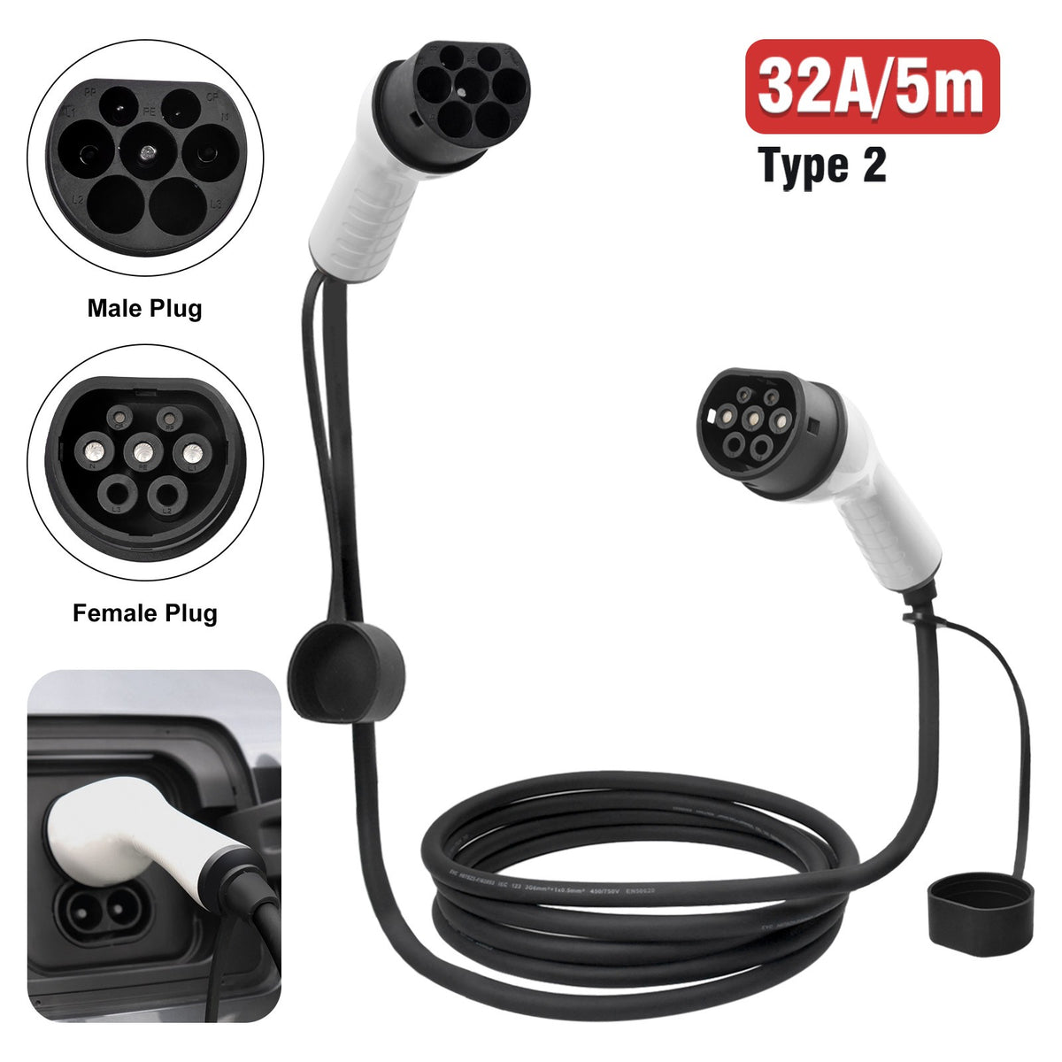 32A Type 2 to Type 2 EV charging cable, 5m – coiled cable with male and female plug close-ups