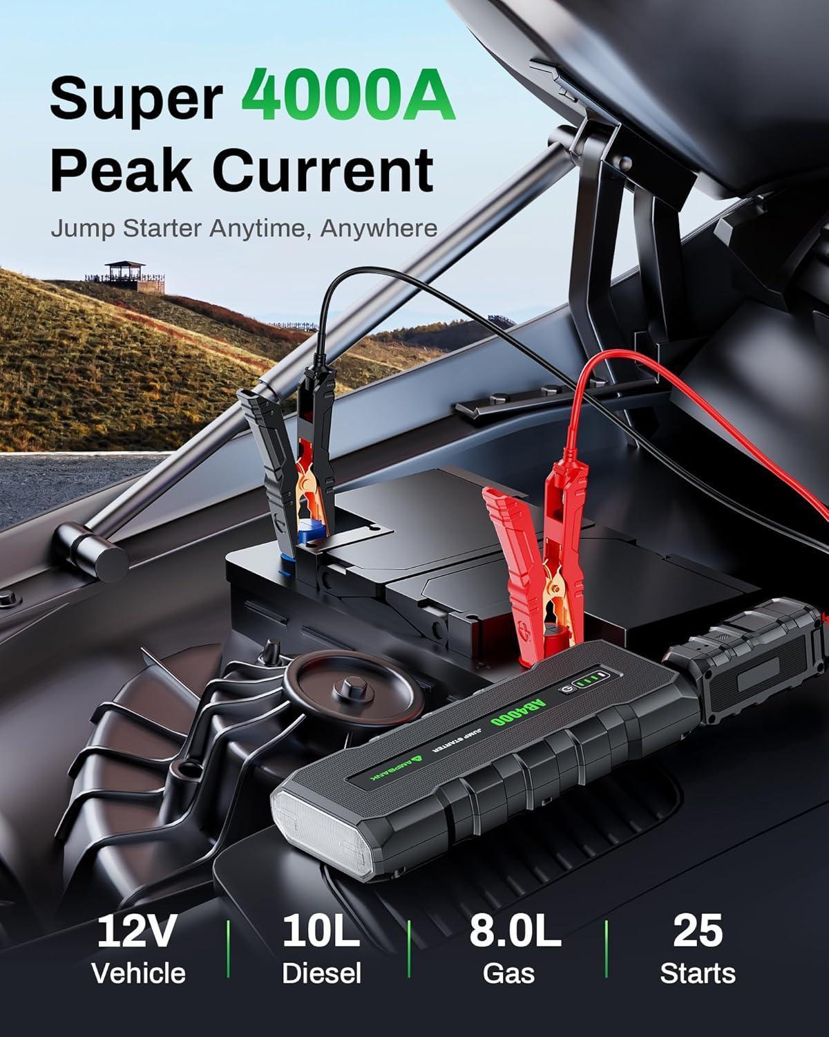 4000A Emergency Starting Power Supply 12V Portable Car Battery Jump Starter With 18W Fast Charge For 10L Gasoline And 8L Diesel Engines With LED Light Jump Starter Cable And EVA Storage Box - image 6