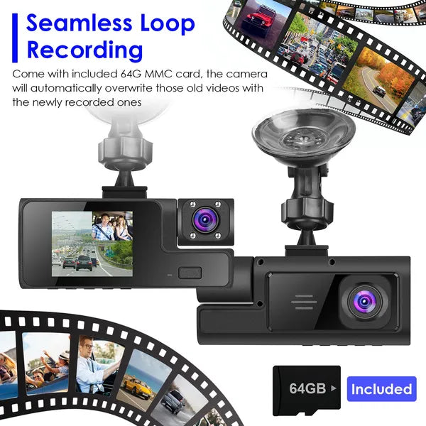 WiFi FHD 1080P Car Dash Cam 3 Channels Front Rear Inside Dash Camera With Loop Recording Reversing Visual 170° Wide Angle 64G Card Included - image 3