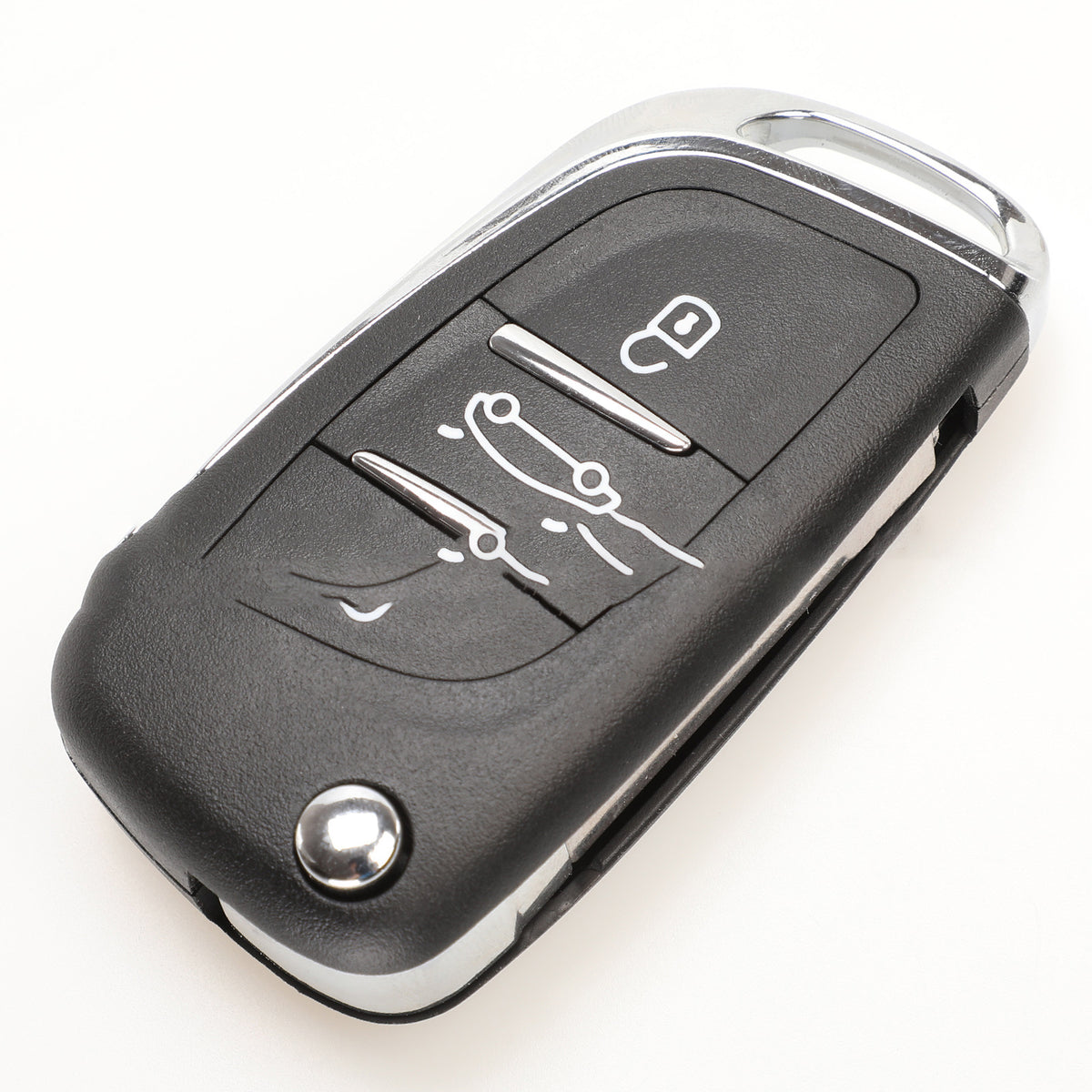 Replacement folding key shell for Citroën & Peugeot – front view of 3-button flip key with blade extended