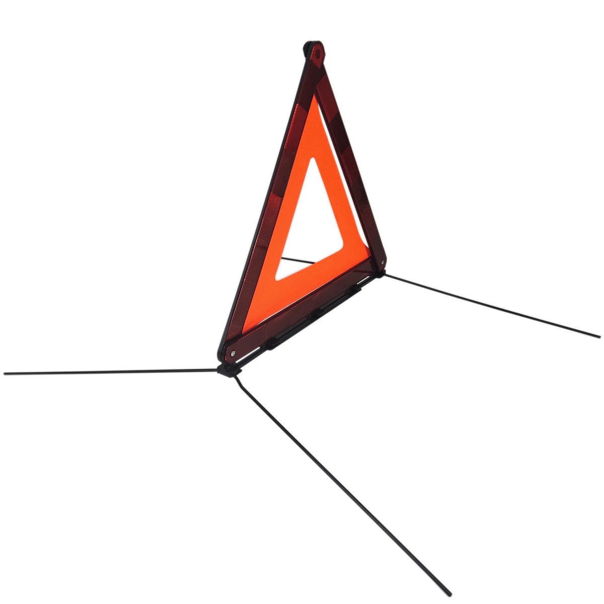 Reflective car warning triangle for emergency stops – angled view with legs extended