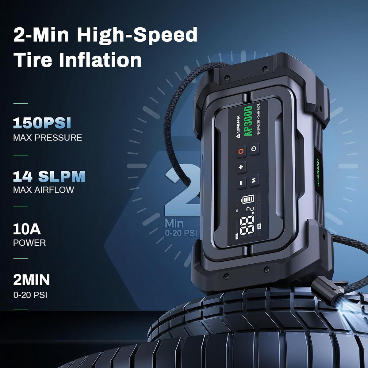 3000A Portable Car Emergency Starter Power Supply With Inflator Function 150PSI Digital Tire Inflator 12V Car Battery Charger With LED Lighting LCD Display - image 6