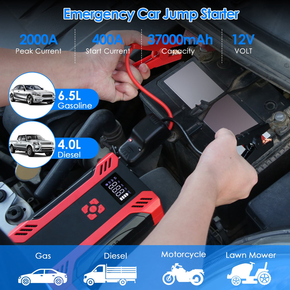 1Pc Car Jump Starter With Air Compressor Portable Car Battery Booster With Digital Tire Inflator With 2000mAh Peak Current For 12V Car 6.5L Gas Or 4.0L Diesel Engines - image 5