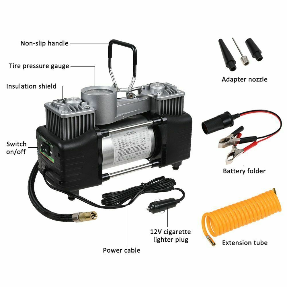 150PSI HEAVY DUTY PORTABLE 12V ELECTRIC CAR TYRE INFLATOR AIR COMPRESSOR - Black Silver