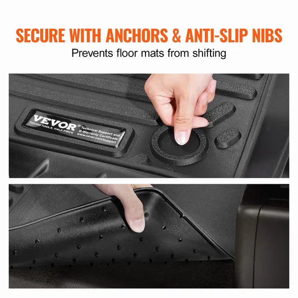 TPE floor mats for Tesla Model Y 2021-2024, 3-piece – supplier infographic showing anchor points and anti-slip nibs