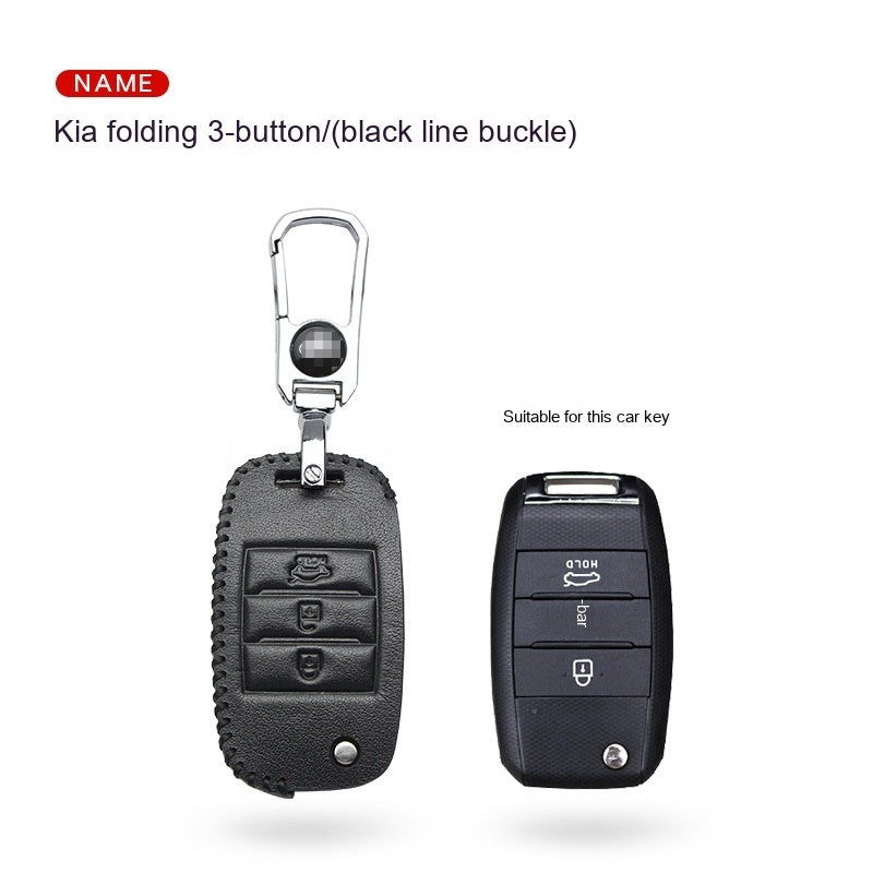 Key fob case for Kia smart & folding keys – genuine leather – supplier infographic showing folding 3-button black line buckle case with matching key