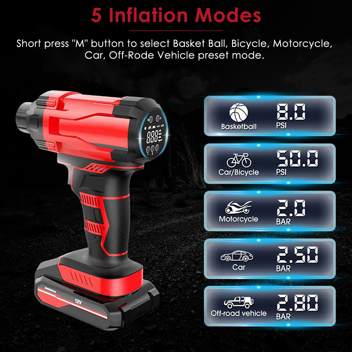 1Pc 150PSI Cordless Car Tire Inflator Rechargeable 2V Portable Electric Air Compressor With LED Light For Car Bike Motorcycle Ball - image 3