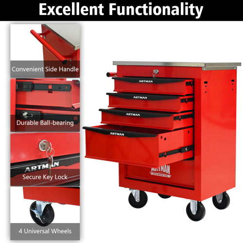 5 Drawers Multifunctional Tool Cart With Wheels,Metal Rolling Tool Cart Storage For Garage Workshop Warehouse Repair Shop--With Stainless Steel Roof--Red Black - image 5