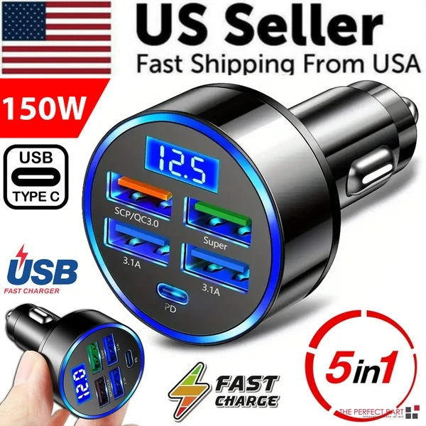 5 USB Port Super Fast Car Charger Adapter For Android Cell Phone - Black