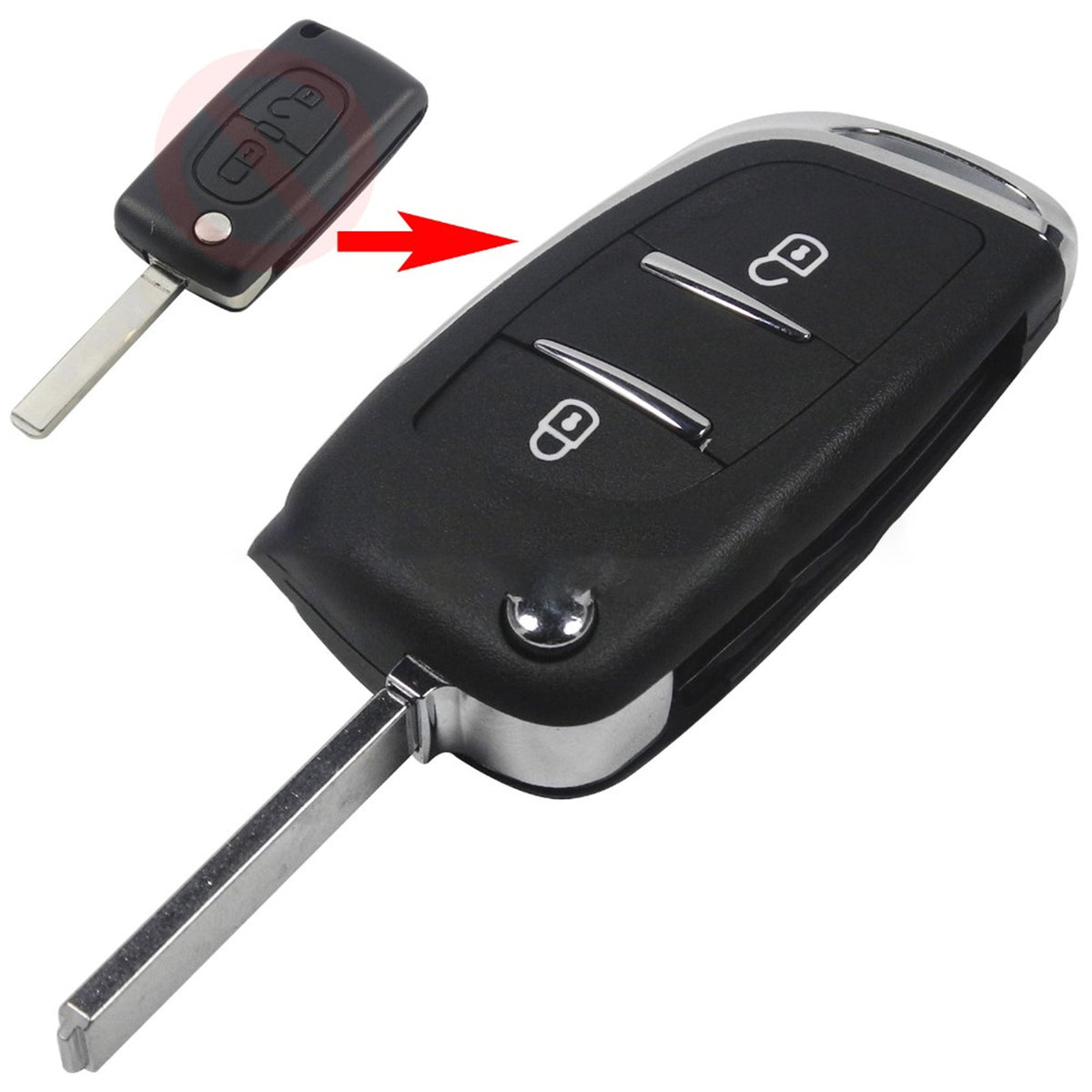 Replacement folding key shell for Citroën & Peugeot – before and after comparison with 2-button replacement shell