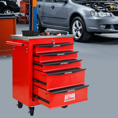 5 Drawers Multifunctional Tool Cart With Wheels,Metal Rolling Tool Cart Storage For Garage Workshop Warehouse Repair Shop--With Stainless Steel Roof--Red Black - image 8
