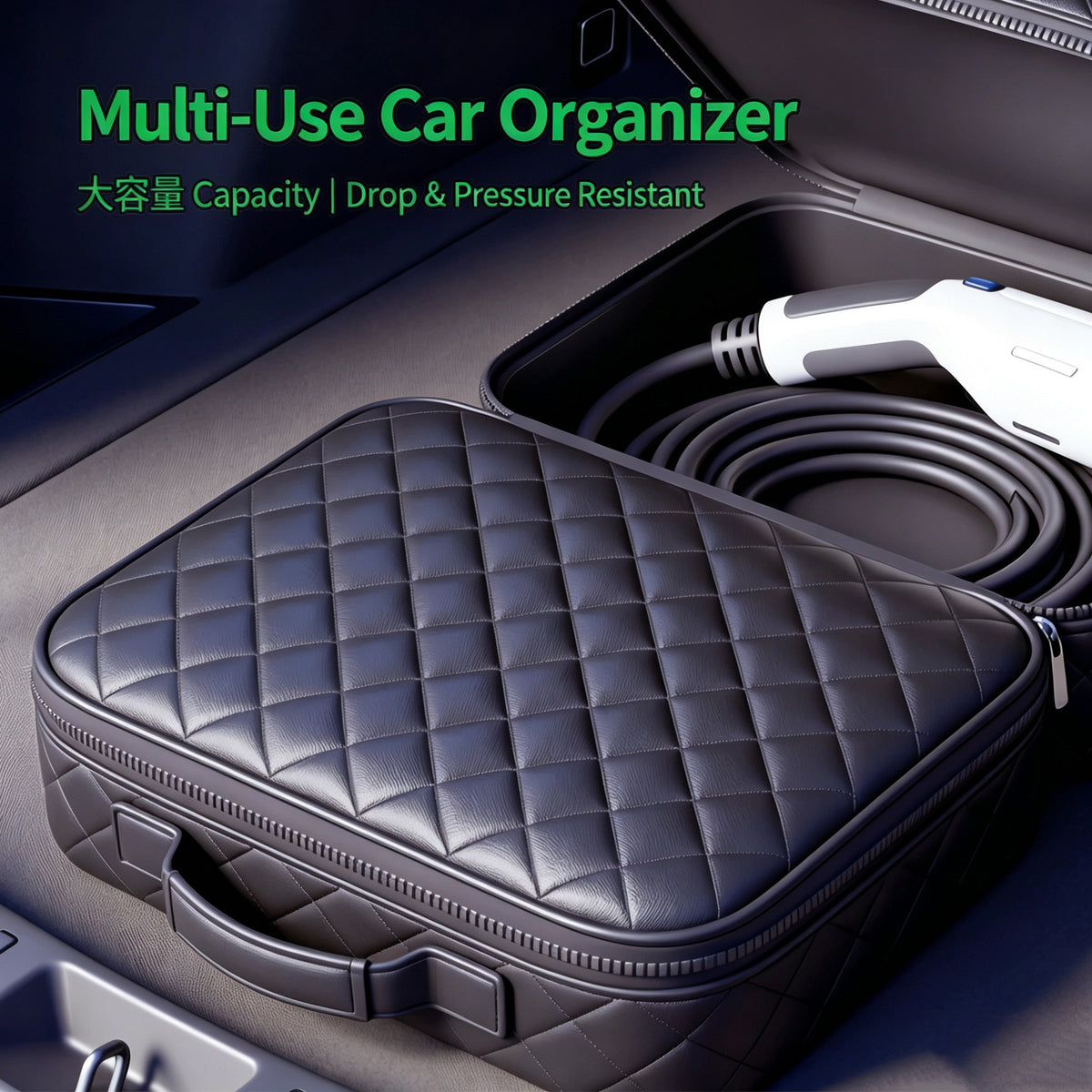EV charging cable storage bag – supplier infographic showing fitted in car boot storage