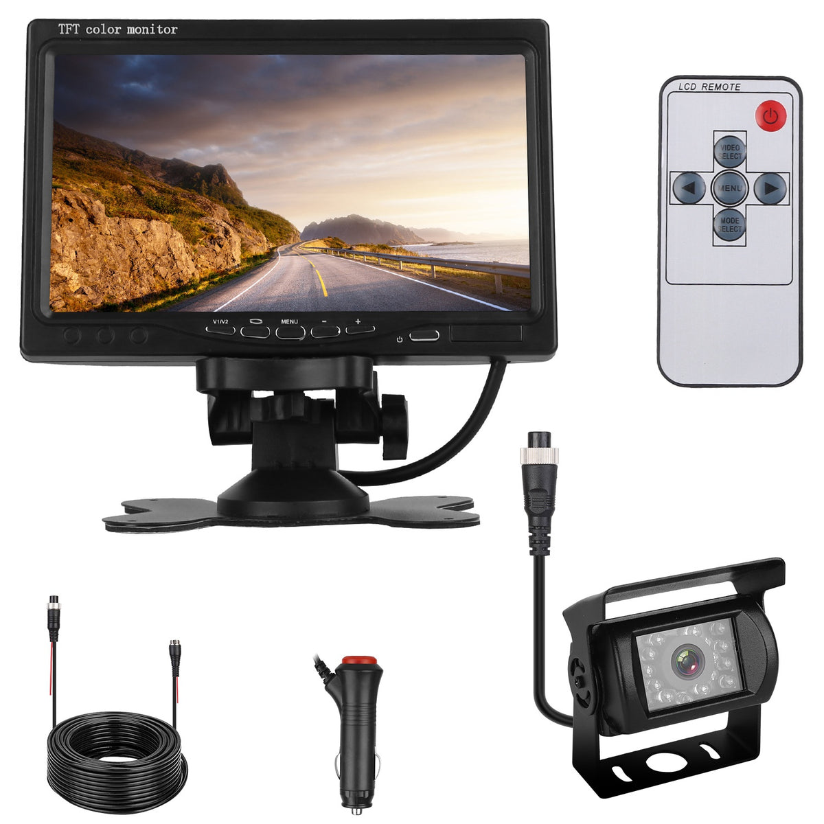 1Pc 7In Screen Backup Camera System Vehicle Rear View Monitor Kit IP67 Waterproof Car Parking Reverse System With Night Vision For Car Trunk Van SUV - WithCord
