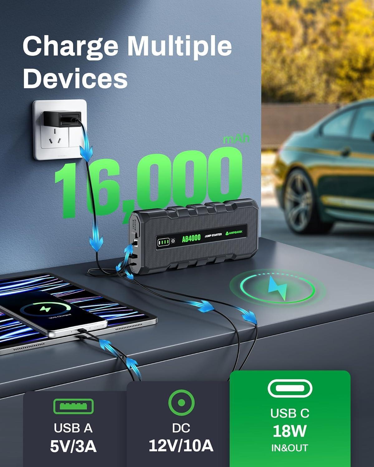 4000A Emergency Starting Power Supply 12V Portable Car Battery Jump Starter With 18W Fast Charge For 10L Gasoline And 8L Diesel Engines With LED Light Jump Starter Cable And EVA Storage Box - image 10