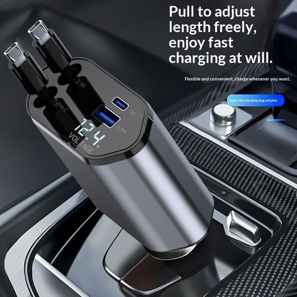 Retractable 4-in-1 Car Charger 120W – Built-in USB-C Cables - Aluminum TC TC 4 in 1