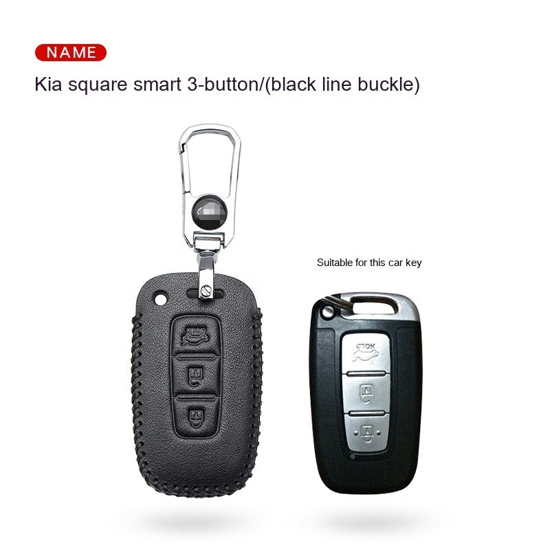 Key fob case for Kia smart & folding keys – genuine leather – supplier infographic showing square smart black line buckle case with matching key