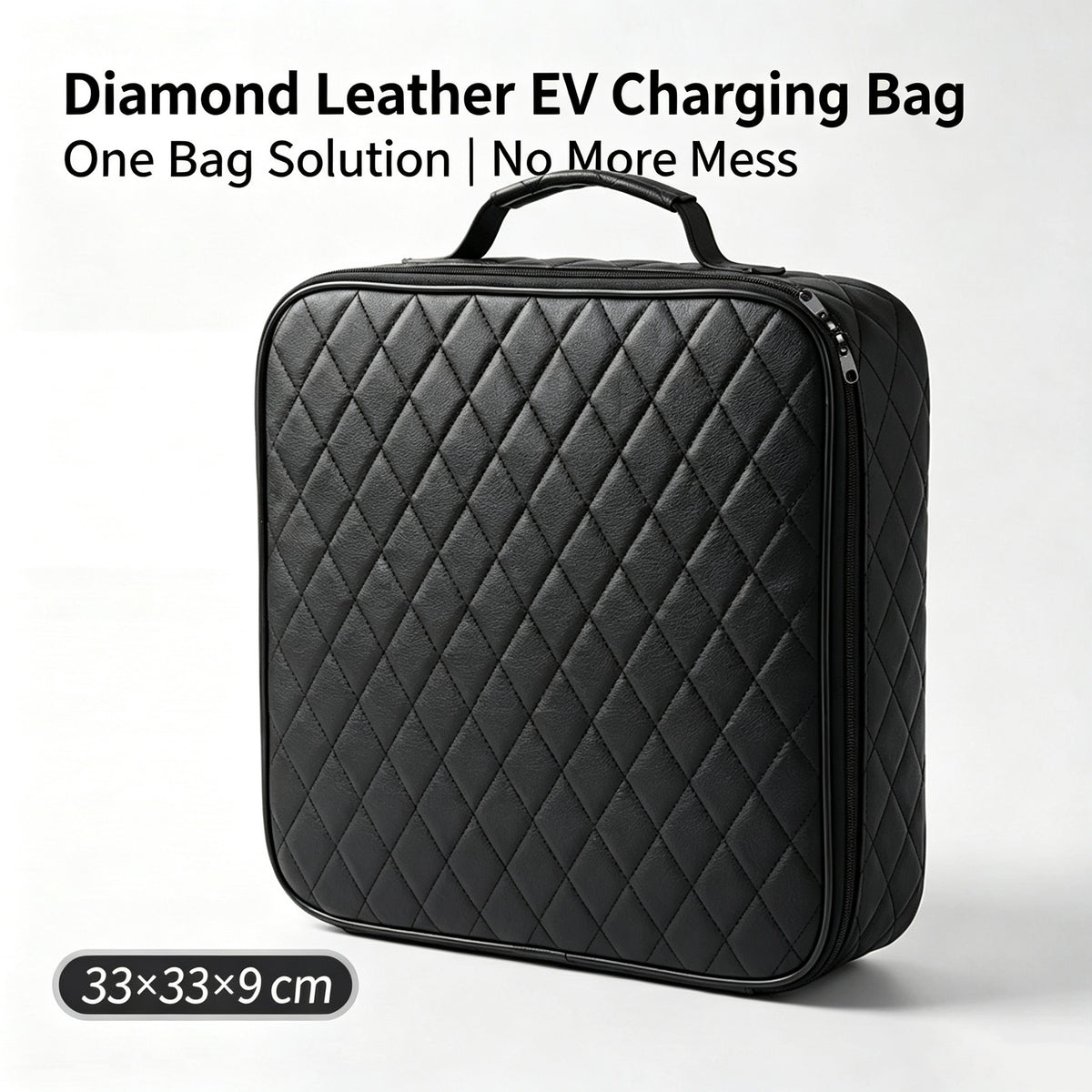 EV charging cable storage bag – black quilted bag with dimensions labelled