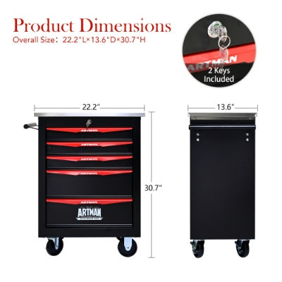 5 Drawers Multifunctional Tool Cart With Wheels,Metal Rolling Tool Cart Storage For Garage Workshop Warehouse Repair Shop--With Stainless Steel Roof- BLACK RED - image 8