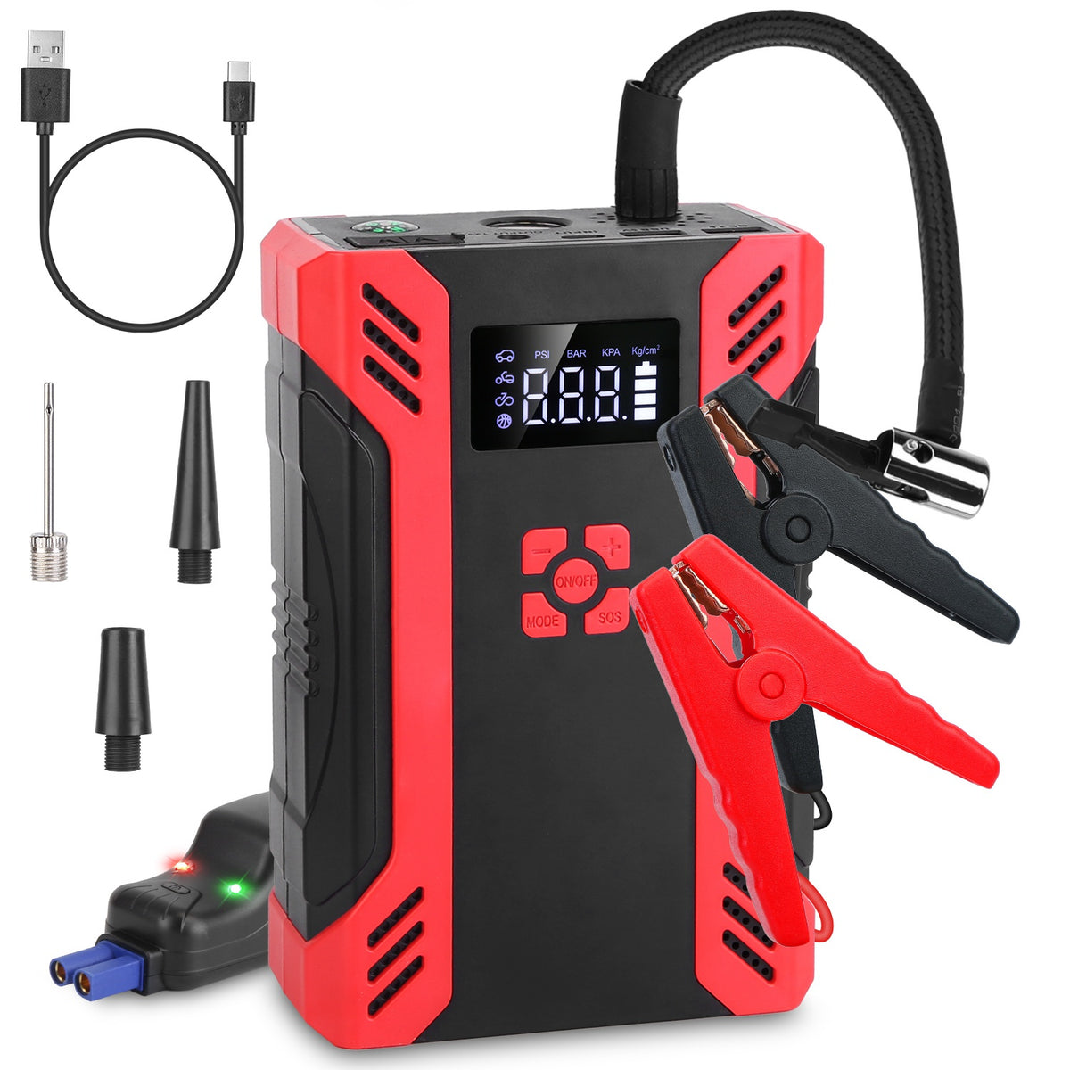 1Pc Car Jump Starter With Air Compressor Portable Car Battery Booster With Digital Tire Inflator With 2000mAh Peak Current For 12V Car 6.5L Gas Or 4.0L Diesel Engines - Red