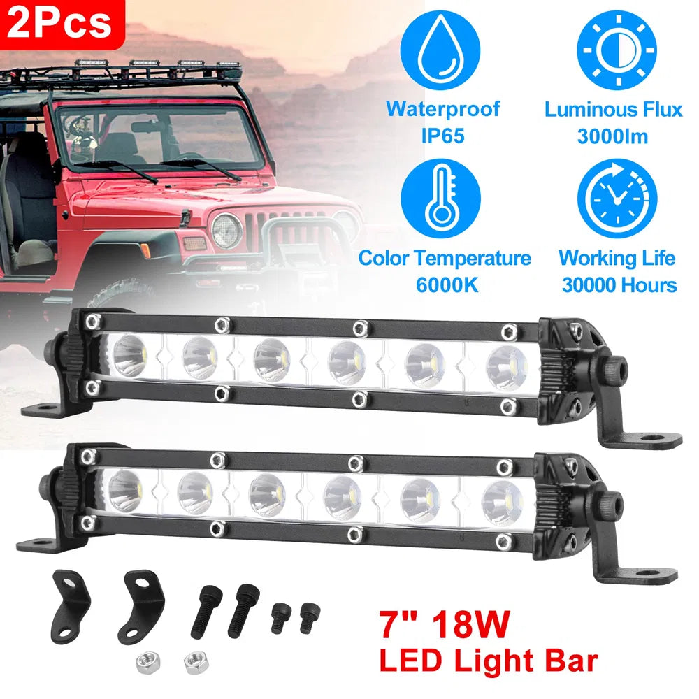 7" LED Light Bar Single Row Offroad Spot Lights 18W Ultra Slim Straight Work Light For Trailer Truck Bus Boat - Black