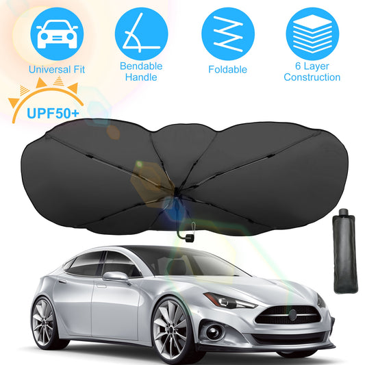 1Pc 57x33In Foldable Car Sun Umbrella Universal Sun Blocker Shield Shade Silver Titanium Sun Protector With Carry Bag For Car Truck SUV